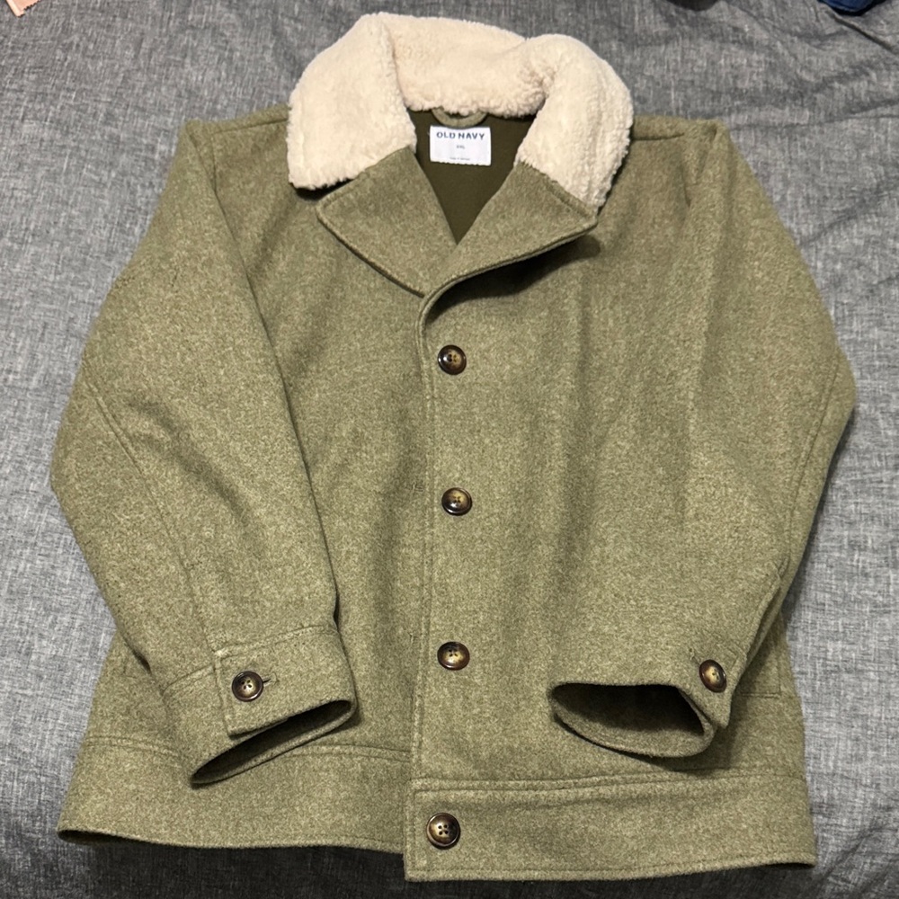 Old Navy Men's Green Pea Coat with Cream Collar